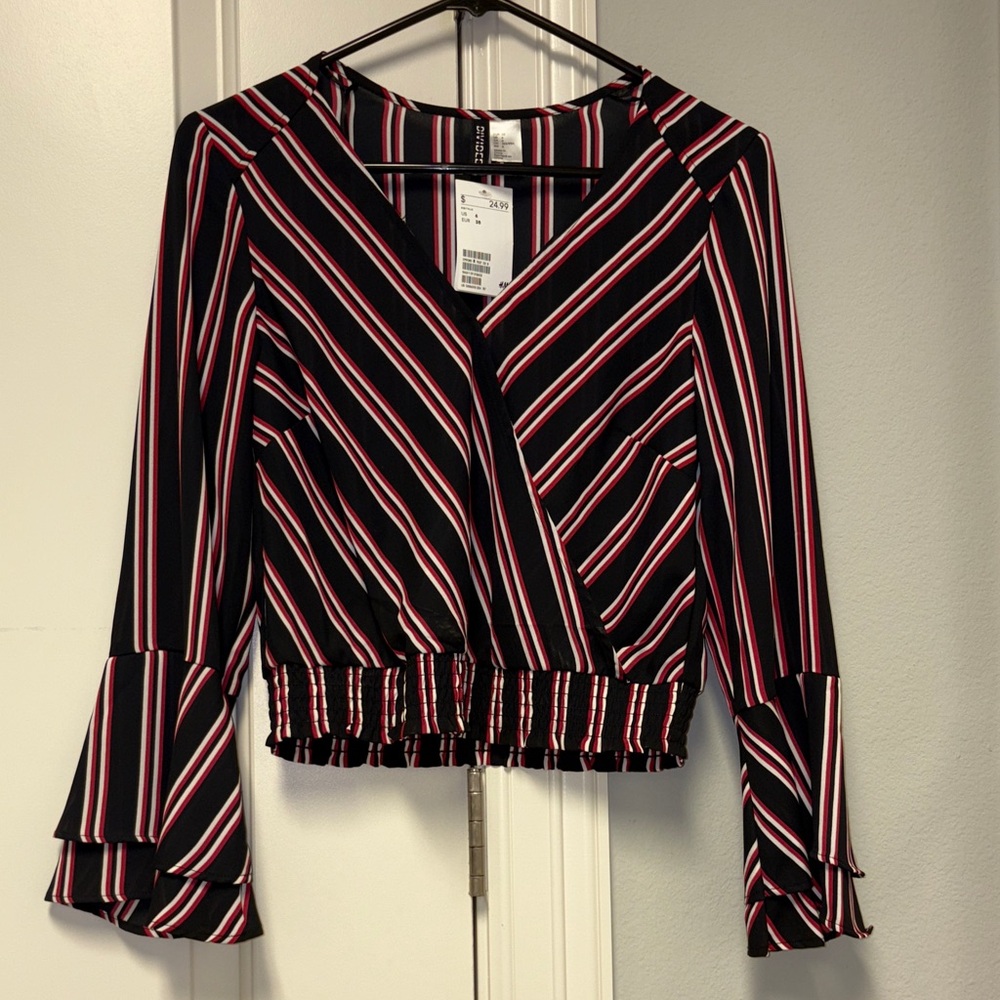 H&M Black and Red Striped Women's Blouse Size 6